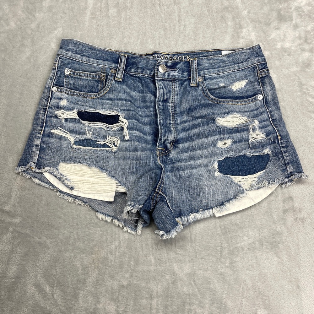 American Eagle Denim Shorts Size 12 Vintage Hi-Rise Festival Blue Distressed Y2K